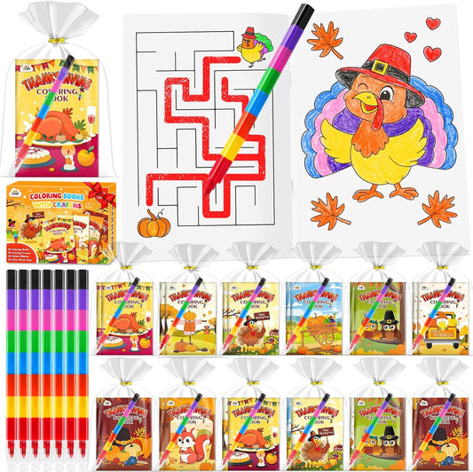 ZMLM 24 Coloring Books for Kids Party Favors: Bulk 24 Crayons Mini Coloring Books for Kids Ages 4-8 Birthday Goodie Bags Stuffers Toddlers Return Gifts Classroom Prizes Teacher Crafts (Thanksgiving)