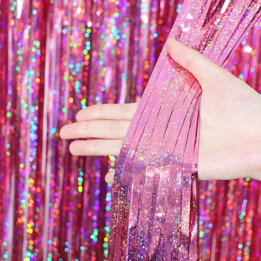 2 Pack Laser Pink Tinsel Foil Fringe Curtains, Mothers Day Pink Decorations, Metallic Tinsel Party Streamers Backdrop for Birthday Bachelorette Graduation Wedding Party Decorations