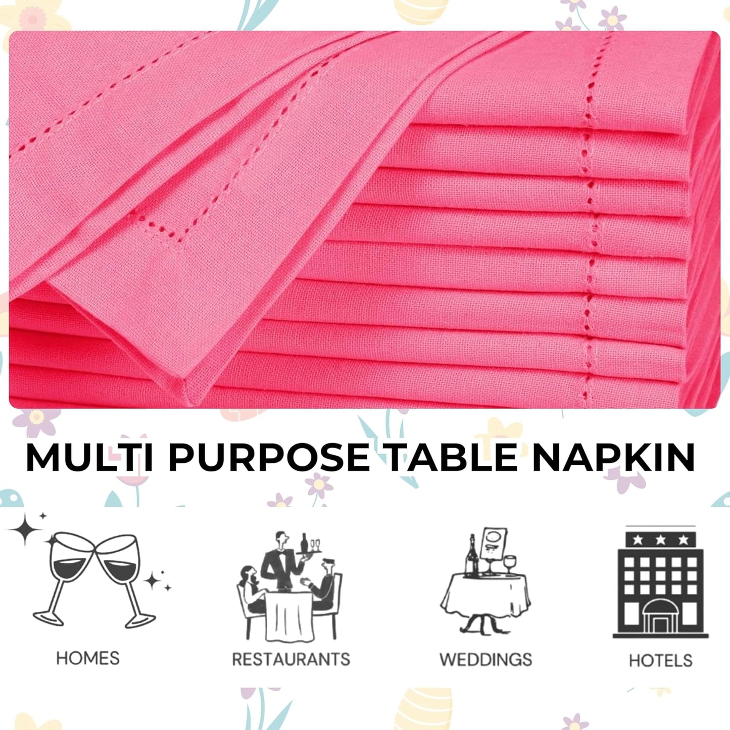 Homidate 100% Cotton Cloth Dinner Napkins Set of 12 – 18x18 Baby Pink Hemstitched – Soft Durable Machine Washable Fabric Napkins for Weddings, Parties & Holidays