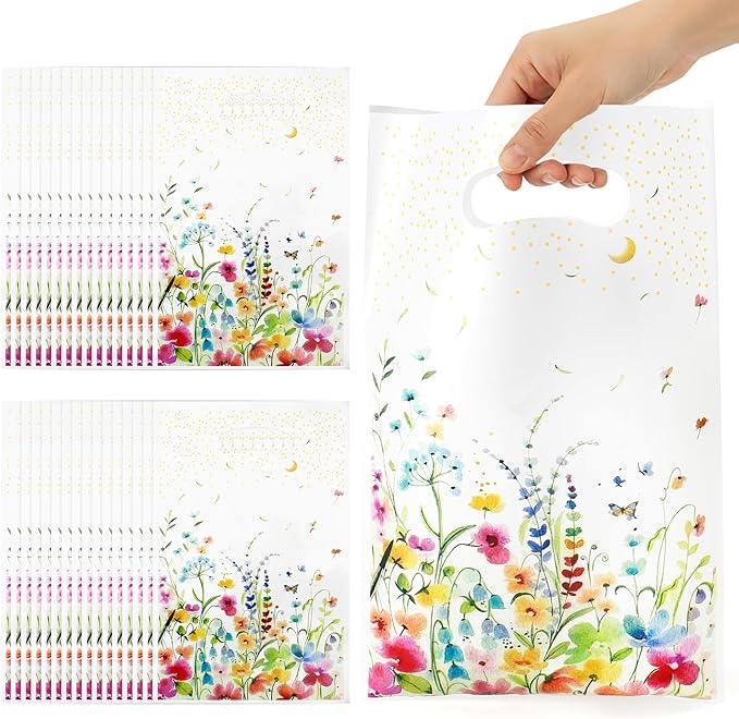 Wildflower Gift Bags, 100Pcs Reusable Wildflower Party Favor Bag with Handles, Plastic Wildfloral Goodie Candy Treat Bags Floral Gift Bag for Spring Wedding Baby Shower Birthday Party Supplies Decor