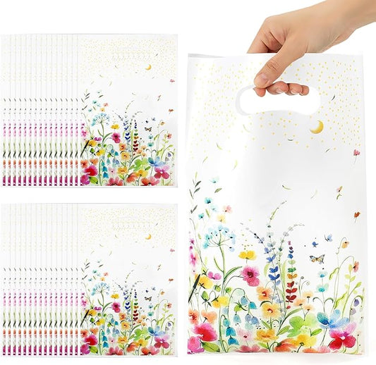 Wildflower Gift Bags, 100Pcs Reusable Wildflower Party Favor Bag with Handles, Plastic Wildfloral Goodie Candy Treat Bags Floral Gift Bag for Spring Wedding Baby Shower Birthday Party Supplies Decor