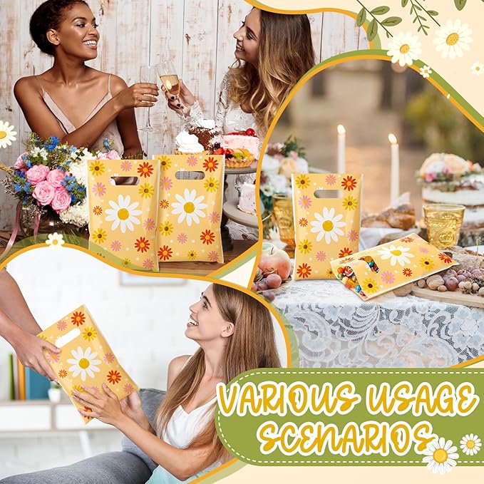 Frienda 100 Pcs Spring Daisy Flower Plastic Gift Bags with Handles 9.84''x6.5'' Daisy Plastic Candy Goodies Bags Treat Favors for Picnic Camping Spring Groovy Wedding Tea Party Gift Wrapping Supplies