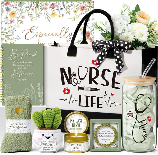 MAYICIVO Christmas Nurse Gifts for Women Female, RN Gifts for Nurses Week, Nicu Nurse Practitioner School Nurses Appreciation Graduation Gift for Nursing Students Gift Baskets with Canvas Tote Bag