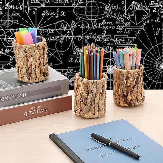 BTSKY 3 Pack Water Hyacinth Pencil Holder, Handmade Wicker Pen Cup Makeup Brushes Holder, Pens Pencil Cup Organizer Chic Woven Desktop Accessories Pen Container Box for Office Home Desktop, Cylinder