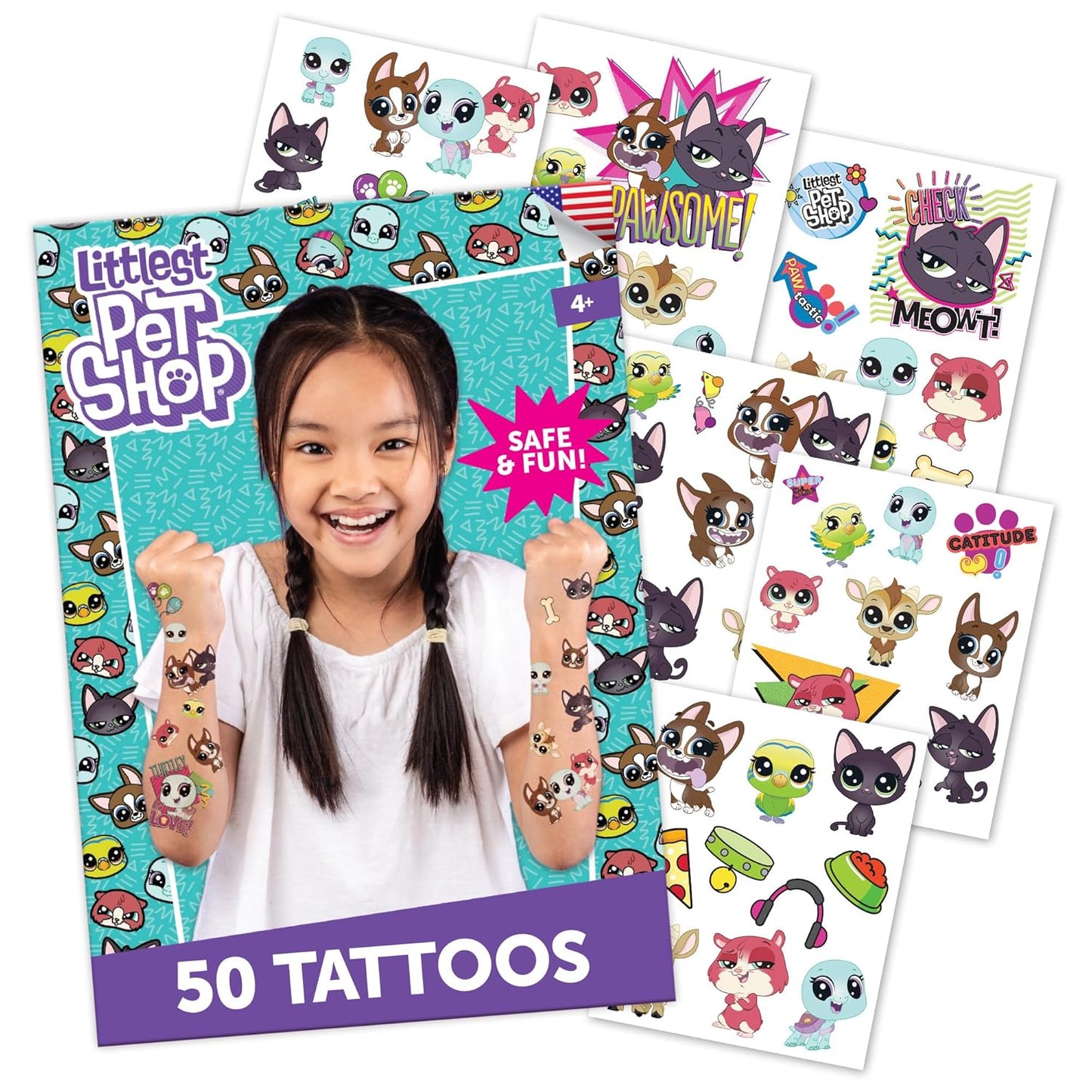 Littlest Pet Shop Temporary Tattoos for Kids [50 pack]. Made in the USA w Certified Safe Ink. Kids Birthday Party Supplies and Party Favors Kit. Bulk Temporary Tattoos Stickers Set. Dogs, Cats,