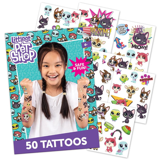 Littlest Pet Shop Temporary Tattoos for Kids [50 pack]. Made in the USA w Certified Safe Ink. Kids Birthday Party Supplies and Party Favors Kit. Bulk Temporary Tattoos Stickers Set. Dogs, Cats,