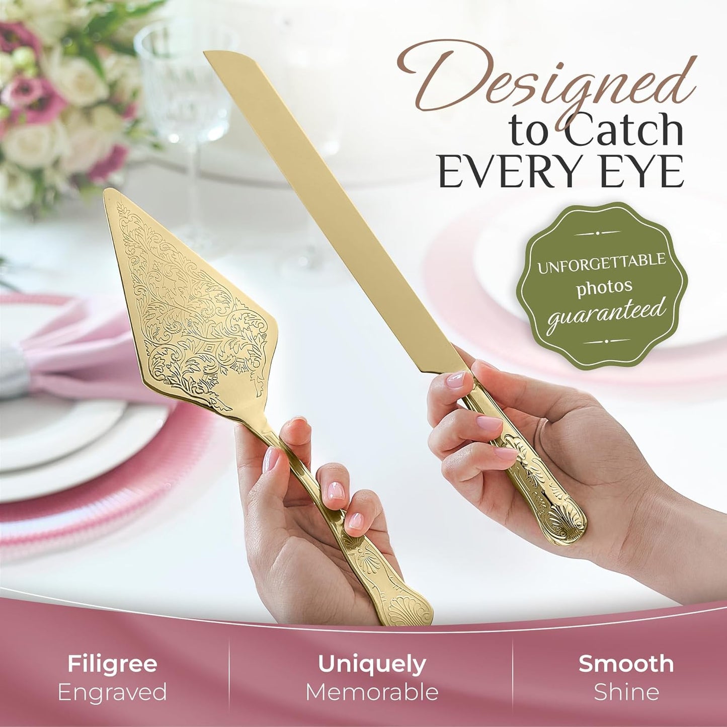 Orblue Wedding Cake Knife and Server Set - Premium, Beautifully Engraved Cutting Set - Elegant Keepsake for Newlyweds Gold