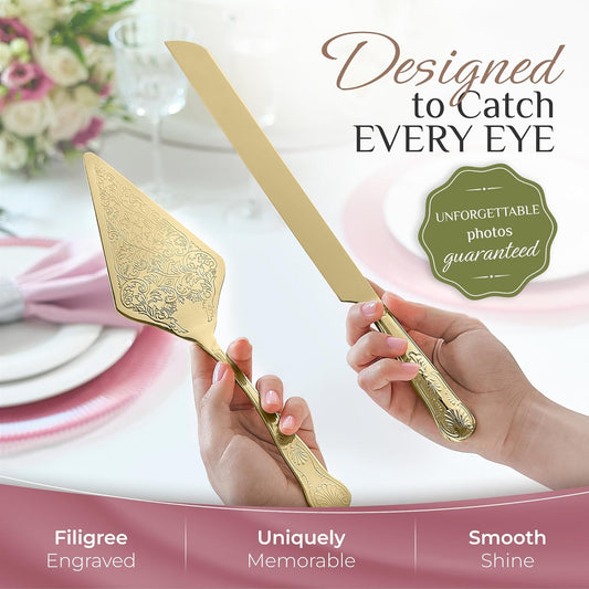 Orblue Wedding Cake Knife and Server Set - Premium, Beautifully Engraved Cutting Set - Elegant Keepsake for Newlyweds Gold