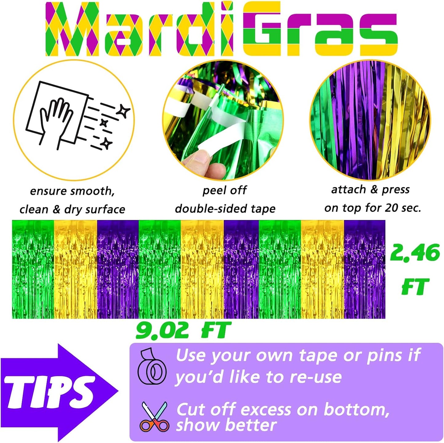 6 Pack 29x108 Inch Mardi Gras Metallic Foil Fringe Table Skirts Banner for Tinsel Streamer Garland Curtains Backdrop for Parade Floats Baby Shower Birthday Birthday Party Decoration(Gold Green Purple)