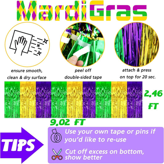 6 Pack 29x108 Inch Mardi Gras Metallic Foil Fringe Table Skirts Banner for Tinsel Streamer Garland Curtains Backdrop for Parade Floats Baby Shower Birthday Birthday Party Decoration(Gold Green Purple)