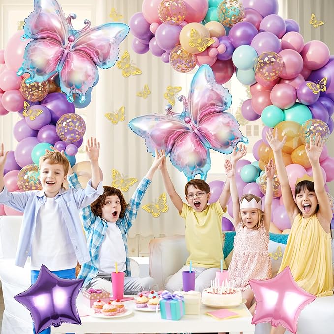 163Pcs Butterfly Pink and Purple Balloons Garland Arch Kit, Birthday Baby Shower Decorations Pink Purple Blue Confetti Star Balloons for Girls Women Mother Day Butterfly Party Baby Shower Supplies