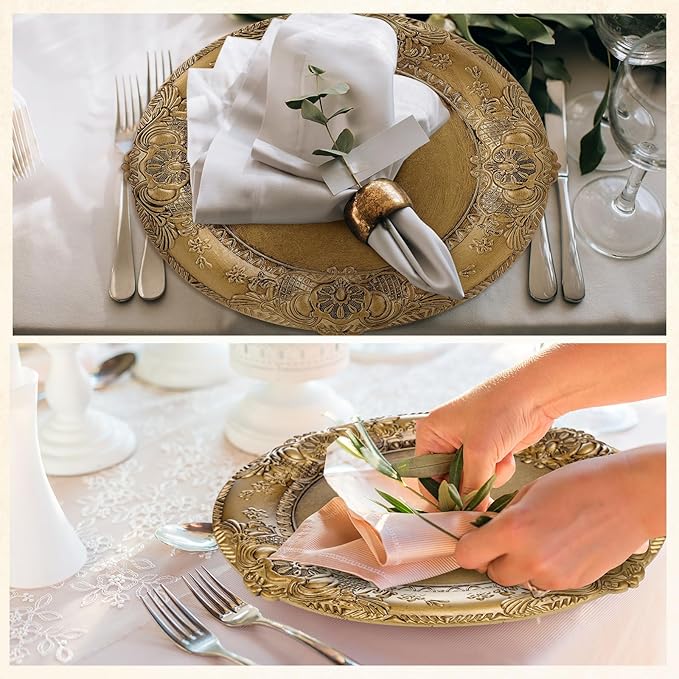 Mifoci Antique Gold Charger Plates Set of 24 Plastic Gold Chargers for Dinner Plates Decorative 13" Round Plate Bulk with Embossed Rim for Dinner, Party, Wedding
