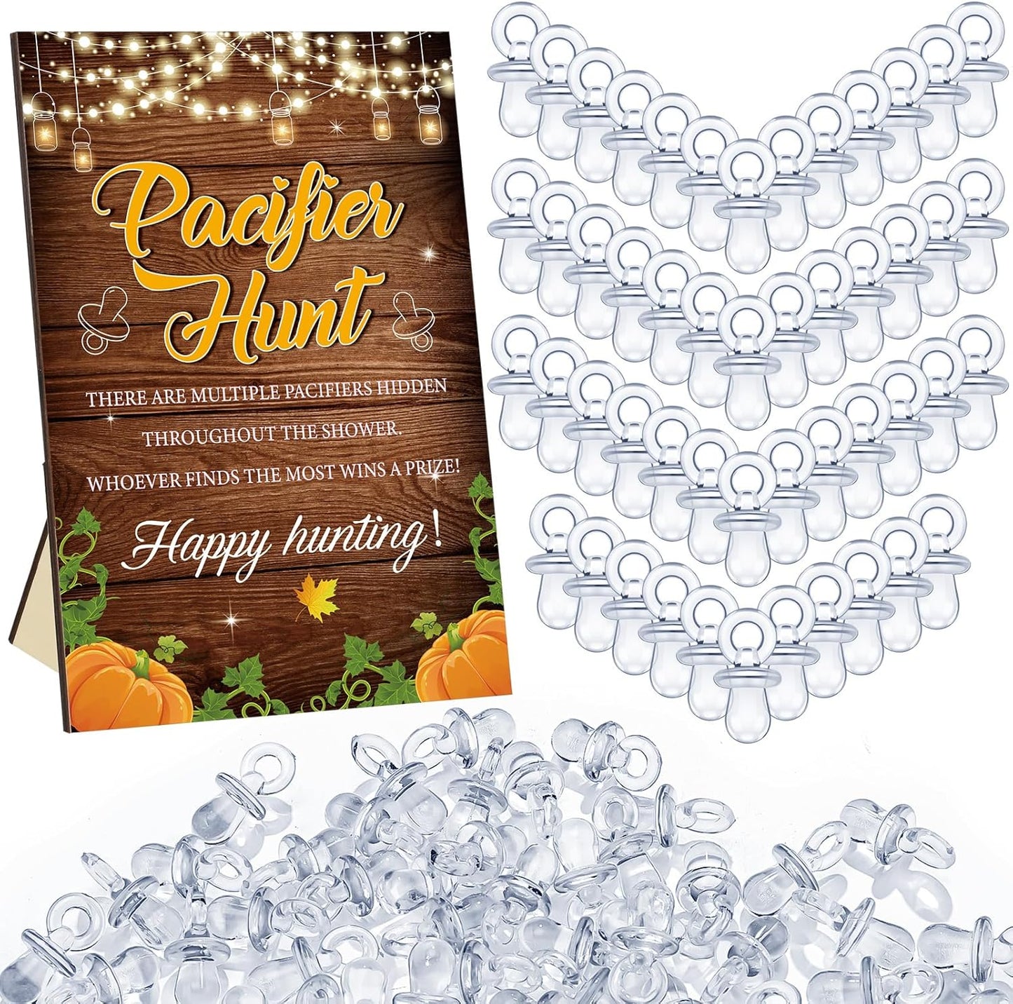 Thyle 51 Pcs Fall Pumpkin Baby Shower Games a Little Pumpkin Is on The Way Thanksgiving Pacifier Hunt Include Hunt Sign and 50 Acrylic Pacifiers for Baby Shower Gender Reveal Autumn Theme Decoration