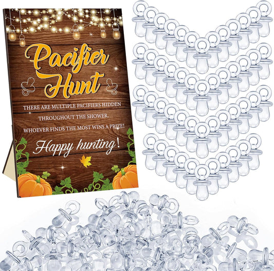 Thyle 51 Pcs Fall Pumpkin Baby Shower Games a Little Pumpkin Is on The Way Thanksgiving Pacifier Hunt Include Hunt Sign and 50 Acrylic Pacifiers for Baby Shower Gender Reveal Autumn Theme Decoration