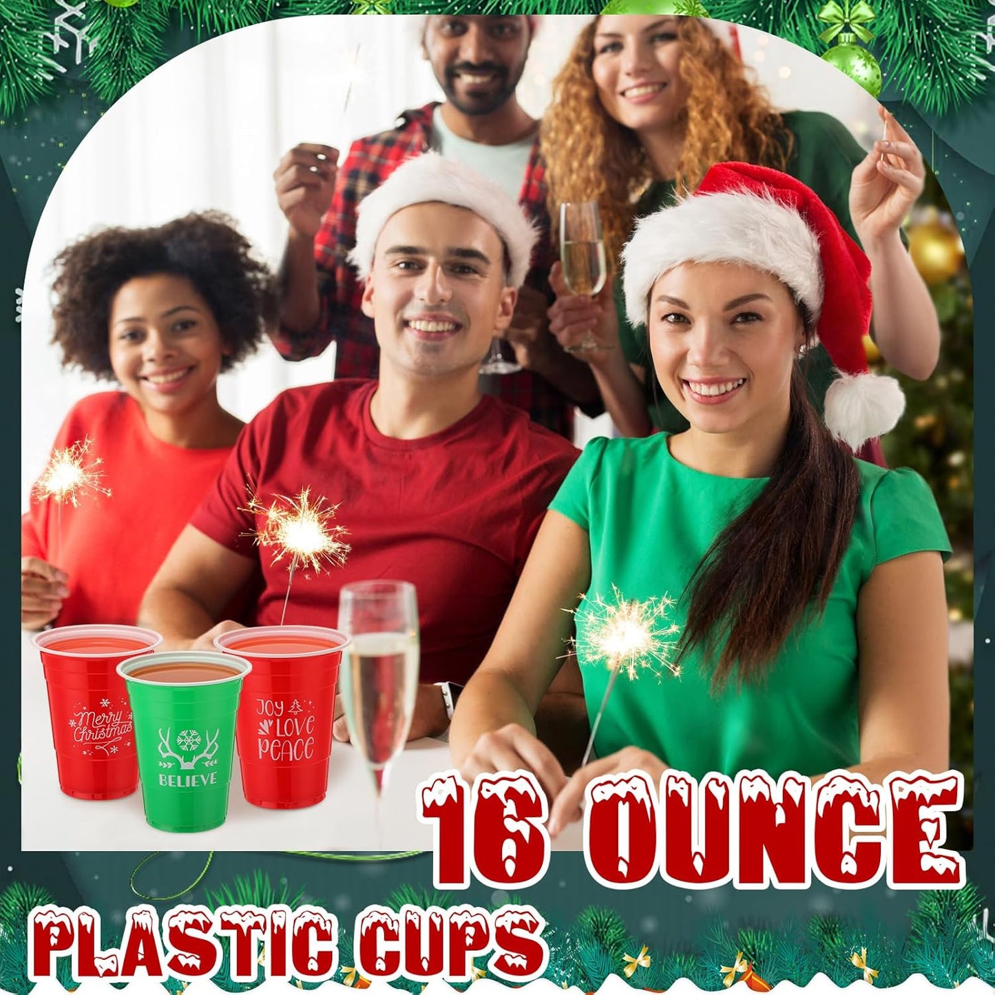 Sliner 120 Pcs 16 oz Christmas Plastic Disposable Cups Bulk Snowflake Elk Star Christmas Tree Drinking Cups for Xmas Birthday Party Supplies (Red,Green)