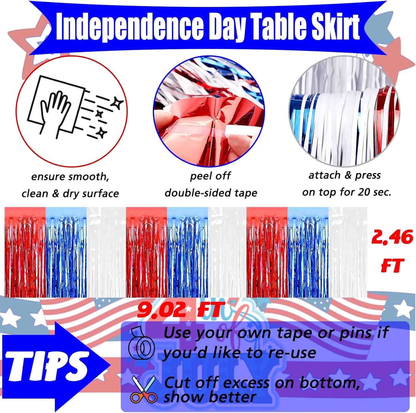 6 Pack 29x108 Inch Metallic Foil Fringe Table Skirts Banner for Tinsel Streamer Garland Curtains Backdrop for Parade Floats Wedding Birthday Independence Day Party Decorations(Red Blue White)