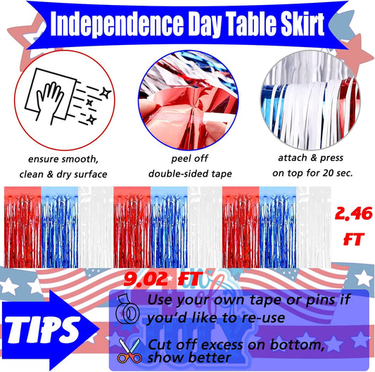 6 Pack 29x108 Inch Metallic Foil Fringe Table Skirts Banner for Tinsel Streamer Garland Curtains Backdrop for Parade Floats Wedding Birthday Independence Day Party Decorations(Red Blue White)