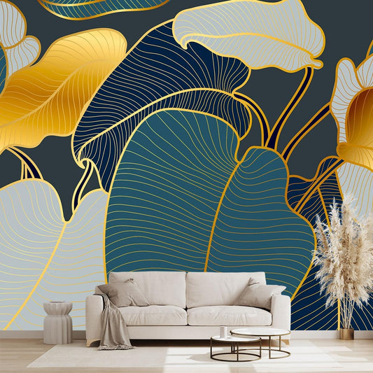 Golden Botanical Leaf wallpeper Living Room Bedroom Wall Mural - 183"x120"（Not Peel and Stick）