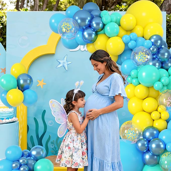 Amandir 153pcs Blue and Yellow Balloons Arch Garland Kit, Different Sizes 18 12 10 5inch Teal Metallic Blue Yellow Flower Printed Clear Balloons for Cartoon Birthday Sea Theme Shower Party Decorations