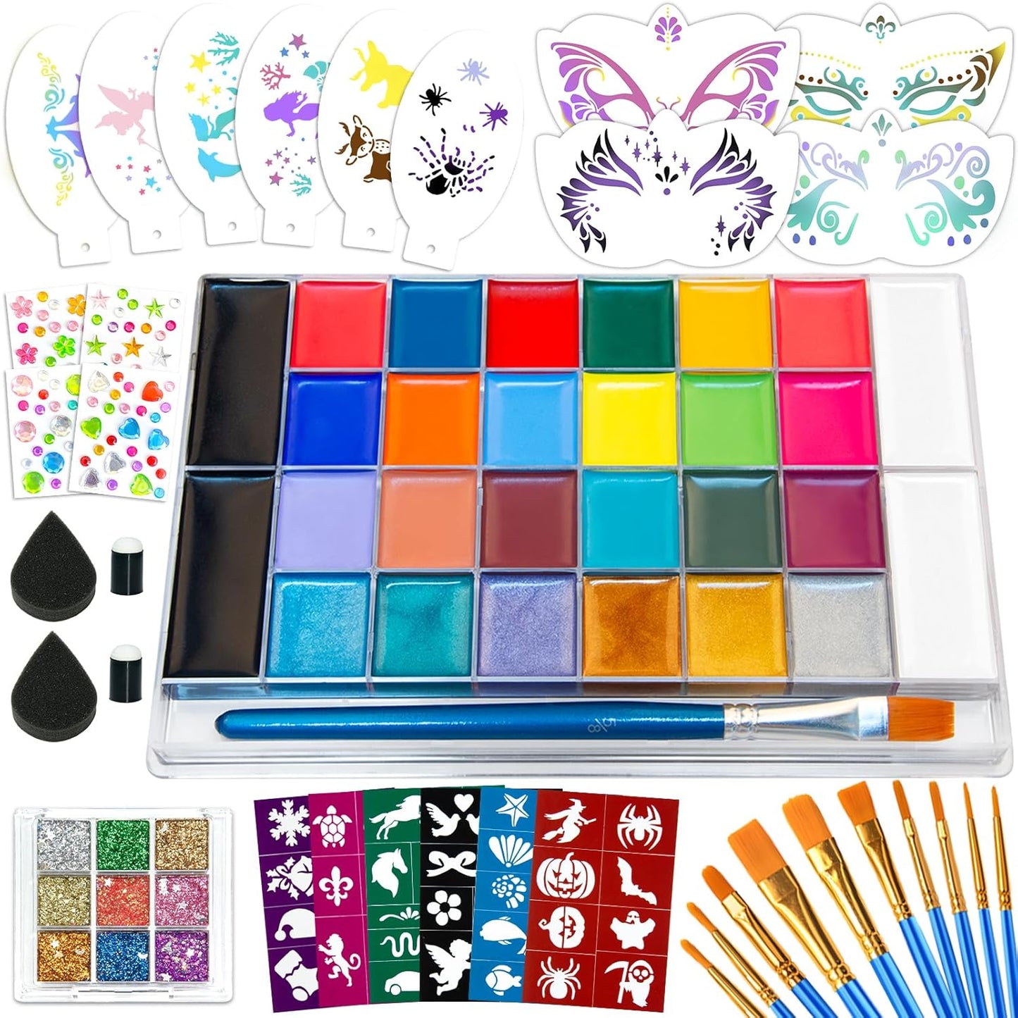 Face Painting Kit for Kids – 26 Colors Non-Toxic Face & Body Paint Palette with Brushes, Stencils, Glitter & Gems for Parties, Halloween, Festivals, School Events, and Creative Play