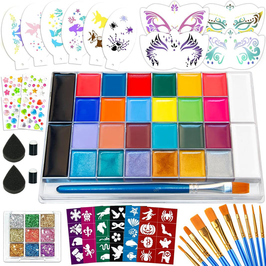 Face Painting Kit for Kids – 26 Colors Non-Toxic Face & Body Paint Palette with Brushes, Stencils, Glitter & Gems for Parties, Halloween, Festivals, School Events, and Creative Play