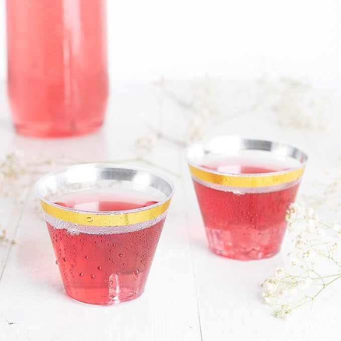 PLASTICPRO 9 oz Disposable Plastic Party Cups,Old fashioned Designed Tumblers, With gold Rim 200 Count, Crystal Clear
