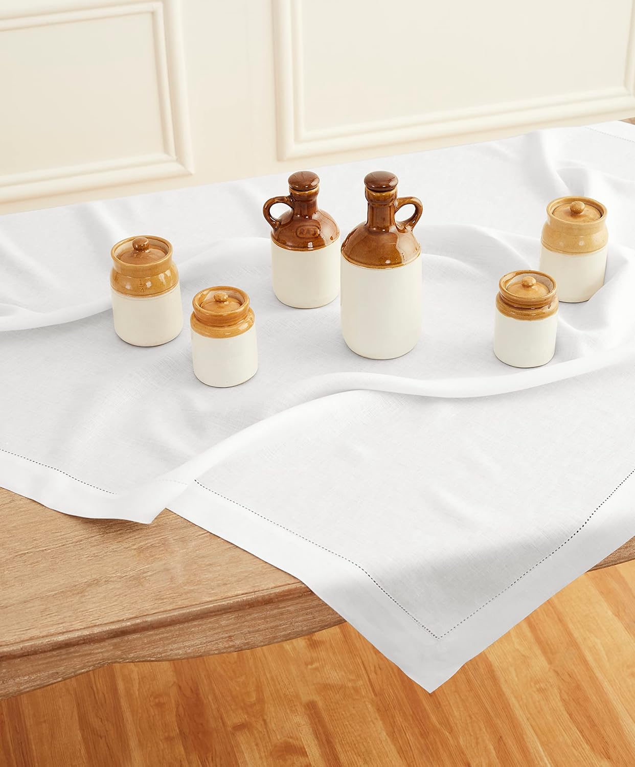 Solino Home White Linen Tablecloth 52 x 52 Inch - 100% Pure Linen Square Table Throw - Classic Hemstitch, Machine Washable Table Cloth for Fall, Autumn, Halloween, Thanksgiving, Holiday
