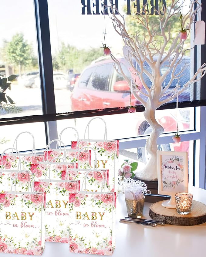 Tyndallrays 16-Piece Floral Baby Shower Favors: Bags with Handles for Girls' Shower or Reveal Party Treats