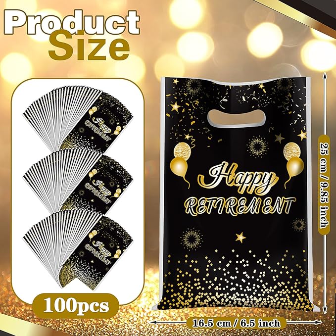 Supervitae 100 Pcs Happy Retirement Plastic Gift Bags Retirement Party Favor Bags Bulk with Handles for Men Women Office Coworker Snacks Goodie Candy Treat Farewell Going Away Party Supplies