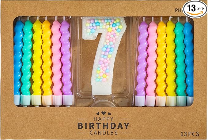 PHD CAKE Number 7 Birthday Candle Macaron Glitter Number Candle with Rainbow Spiral Candles in Holders for Cake Topper, Pastel Sweet Theme Party Decoration