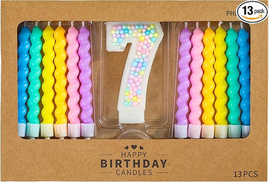 PHD CAKE Number 7 Birthday Candle Macaron Glitter Number Candle with Rainbow Spiral Candles in Holders for Cake Topper, Pastel Sweet Theme Party Decoration