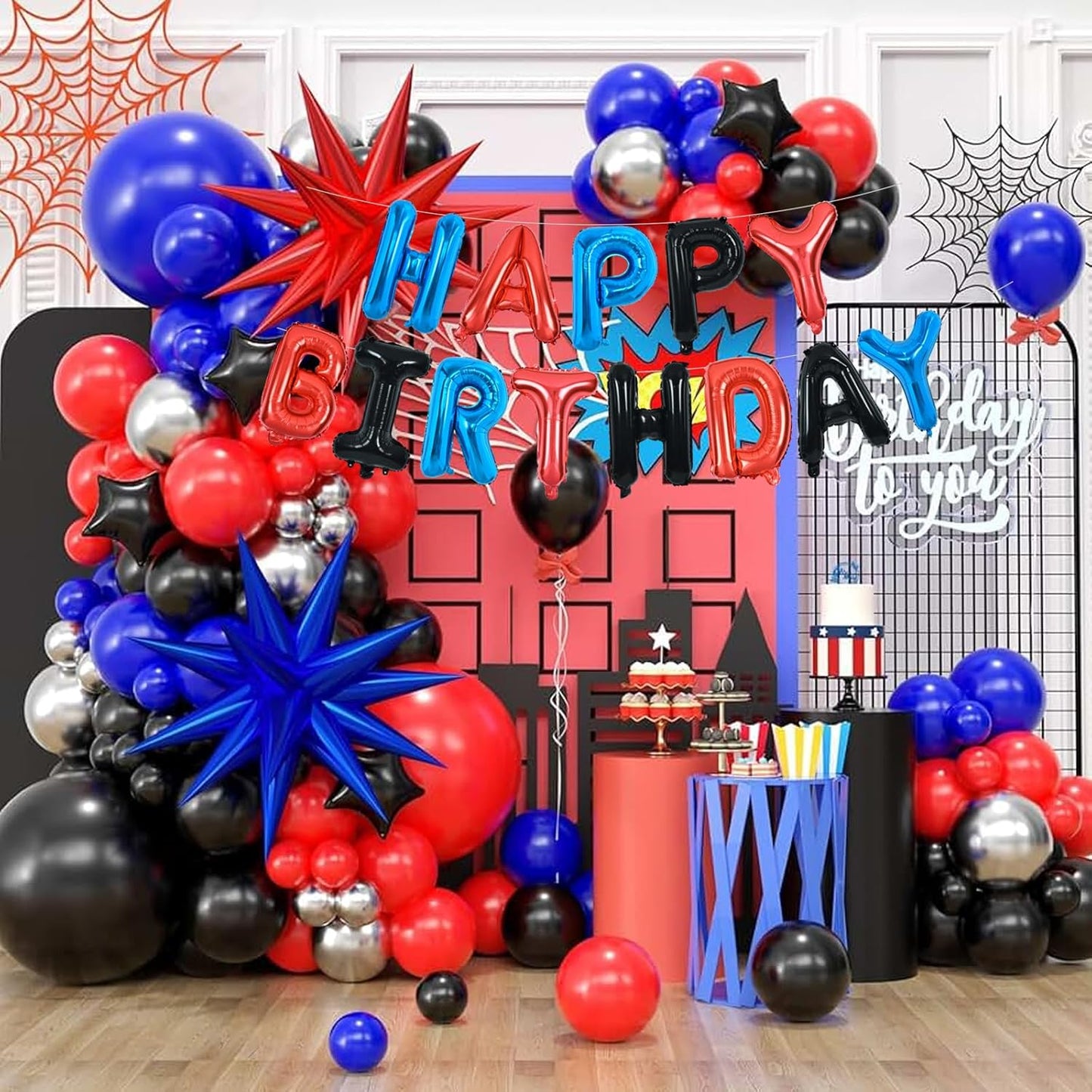 TONIFUL Happy Birthday Balloons with Ribbon Straw, 16 Inch Mylar Letters Birthday Sign Banner Bunting Reusable for Girls Boys Kids & Adults Party Decorations Supplies（Blue Red Black）