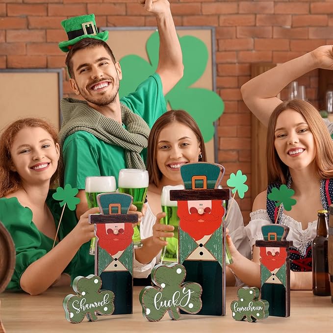 6 Pcs Wooden St Patricks Day Tiered Tray Decorations Sign Wood Irish Table Centerpieces Block Leprechaun Clover Figurines Shamrock Lucky Tabletop Ornaments for Rustic Farmhouse Office Home Shelf