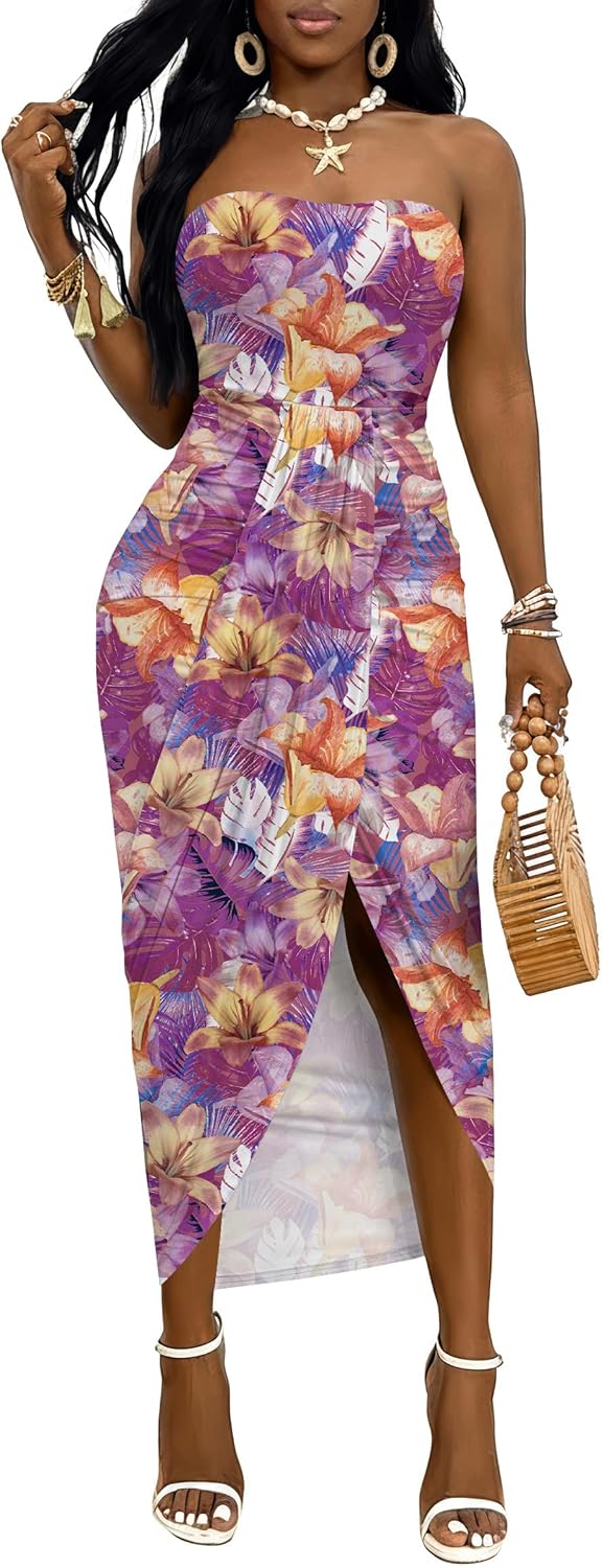 Umenlele Women's Strapless Ruched High Waist Wrap Split Asymmetrical Beach Maxi Long Dress