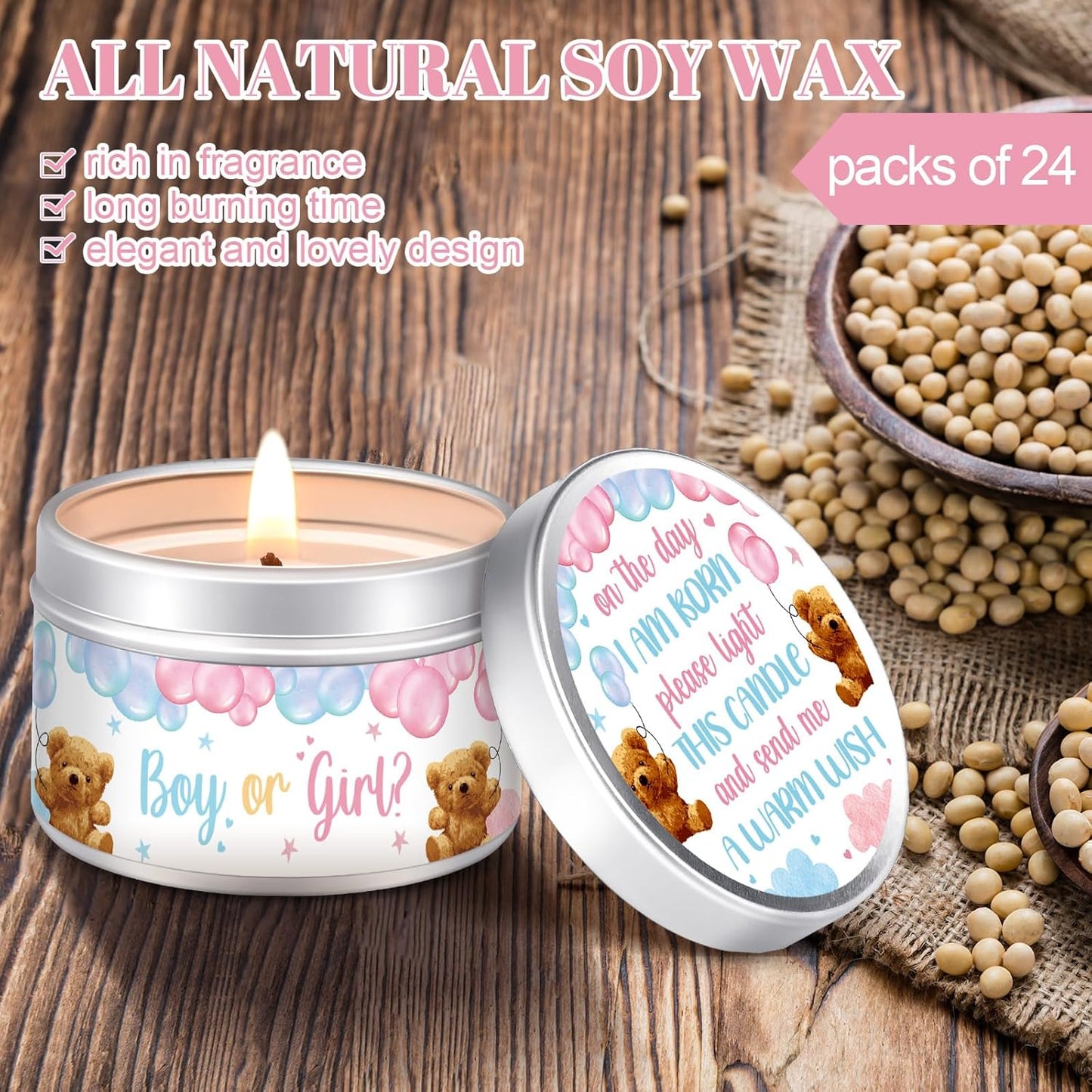 MTLEE 24 Pcs Gender Reveal Bear Baby Shower Party Favors Candles Lavender Scented Baby Shower Favors for Guests Rustic Tealights Candles Gender Reveal Return Gifts Girl Boy(1.2 Oz, Blue and Pink)