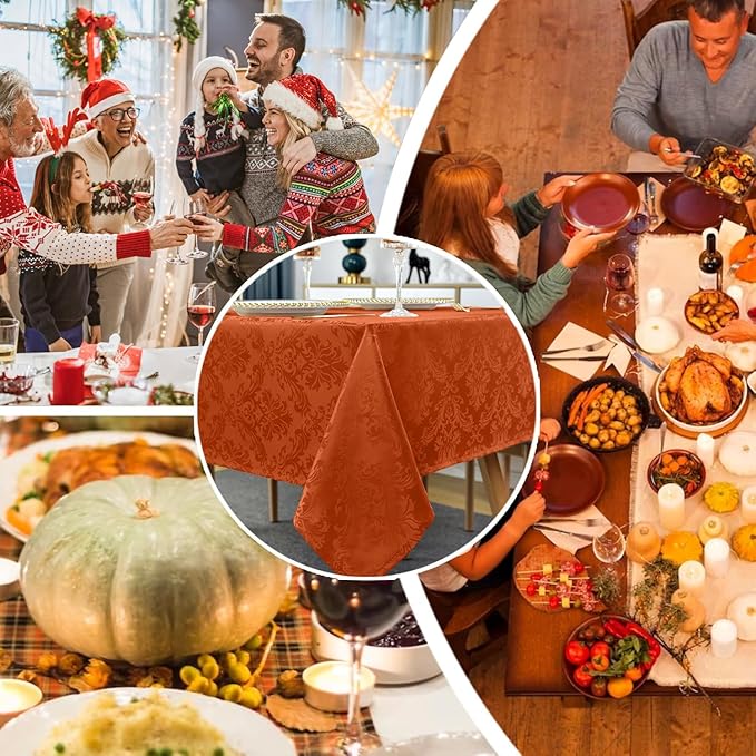 SASTYBALE Jacquard Rectangle Tablecloth, Rusty Spill-Proof Wrinkle Resistant Damask Table Cloth, Soft Polyester Oblong Table Cover for Kitchen Parties Thanksgiving - 52x 70 Inch Rust