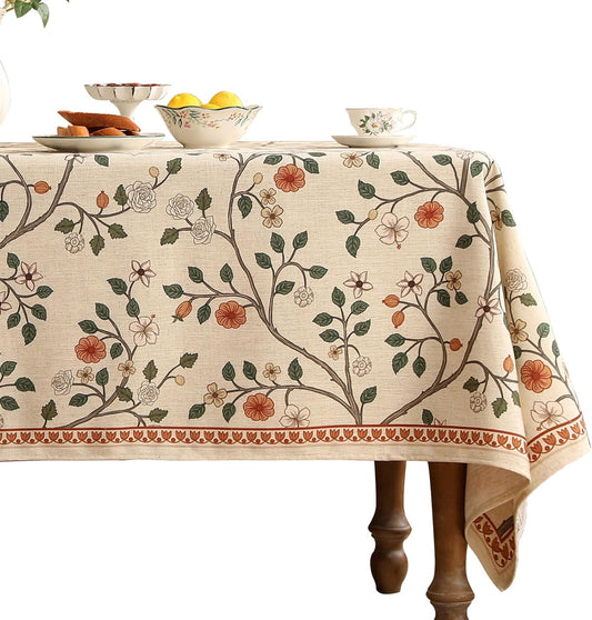 ISAENNE Designer Floral Long Rectangular Tablecloth,French Linen Light Beige Indoor Table Cloth,Fall Wrinkle Resistant Decor Tablecloths for Dining Thanksgiving Kitchen Party,63"*94"-Flora A