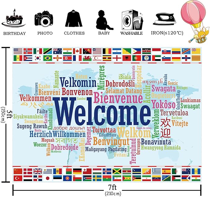 Homewelle International Flag Backdrop 7Wx5H Feet Polyester Fabric World Map Welcome Banner Colorful Decoration Country Sports Events Favors Club Photography Background Photo Shoot Props