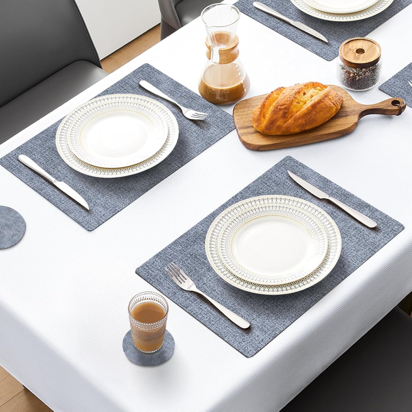 MOSAYT Placemats Set of 4, Heat Resistant Vinyl Place Mats with Coasters, 100% Waterproof Wipeable Washable Faux Leather Table Mats for Kitchen Dining Party Indoor Outdoor, 12" x 18", Sky Blue