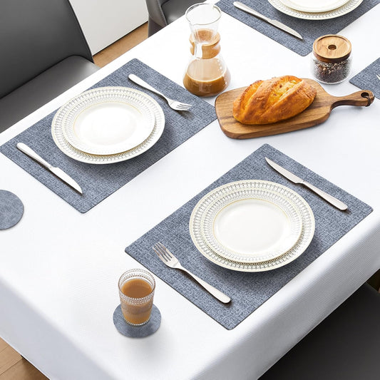 MOSAYT Placemats Set of 4, Heat Resistant Vinyl Place Mats with Coasters, 100% Waterproof Wipeable Washable Faux Leather Table Mats for Kitchen Dining Party Indoor Outdoor, 12" x 18", Sky Blue