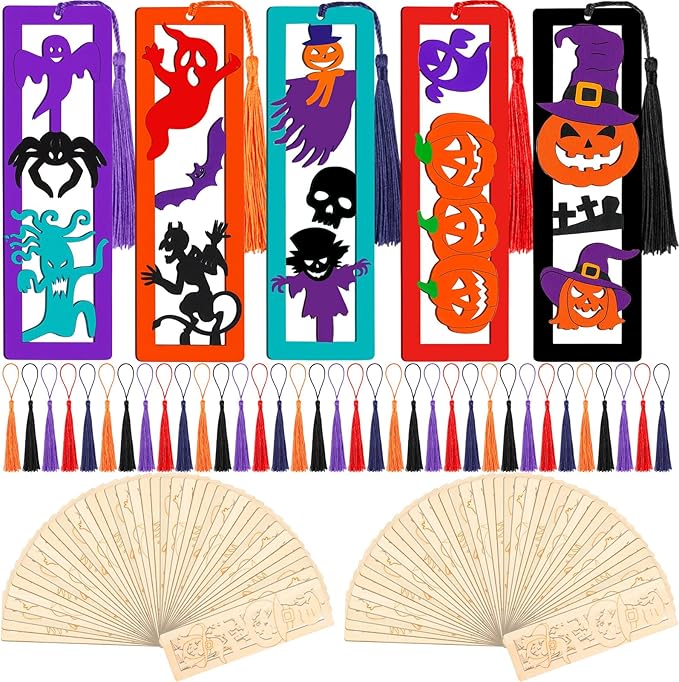 Yexiya 100 Pcs/50 Set Halloween Bookmark, DIY Wooden Bookmarks Bulk for Book Lovers, Halloween Bookmarks Decoration, Ghost Skull Witch Book Markers Art Set for Birthday Holiday Gift Art Project