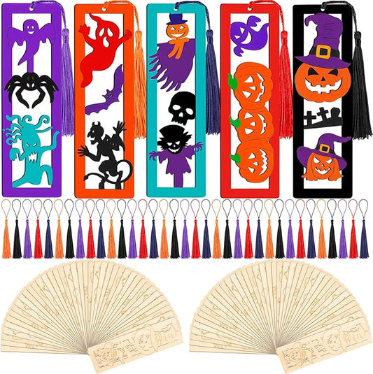 Yexiya 100 Pcs/50 Set Halloween Bookmark, DIY Wooden Bookmarks Bulk for Book Lovers, Halloween Bookmarks Decoration, Ghost Skull Witch Book Markers Art Set for Birthday Holiday Gift Art Project