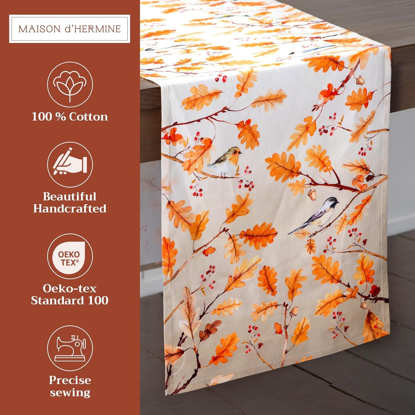 Maison d' Hermine Table Runner 100% Cotton Single Layer Table Runners 72 inches Long for Thanksgiving Christmas Decorations Home Kitchen Dining Party Wedding (Oak Leaves, 14.5" x 72")