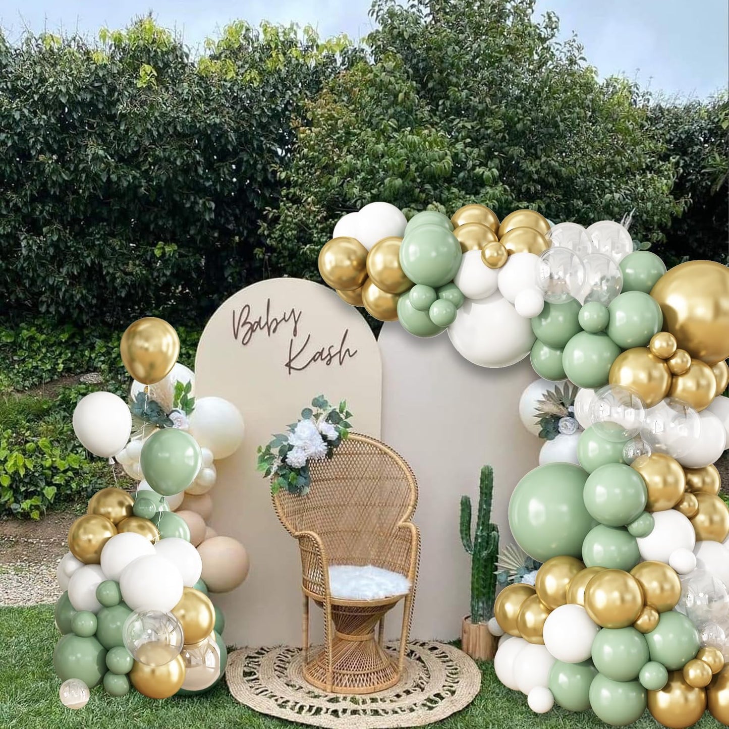 Sage Green White Gold Balloon Garland Arch Kit, 148Pcs Green and White Clear Balloons for Baby Shower Wedding Bridal Shower Birthday Party Decorations