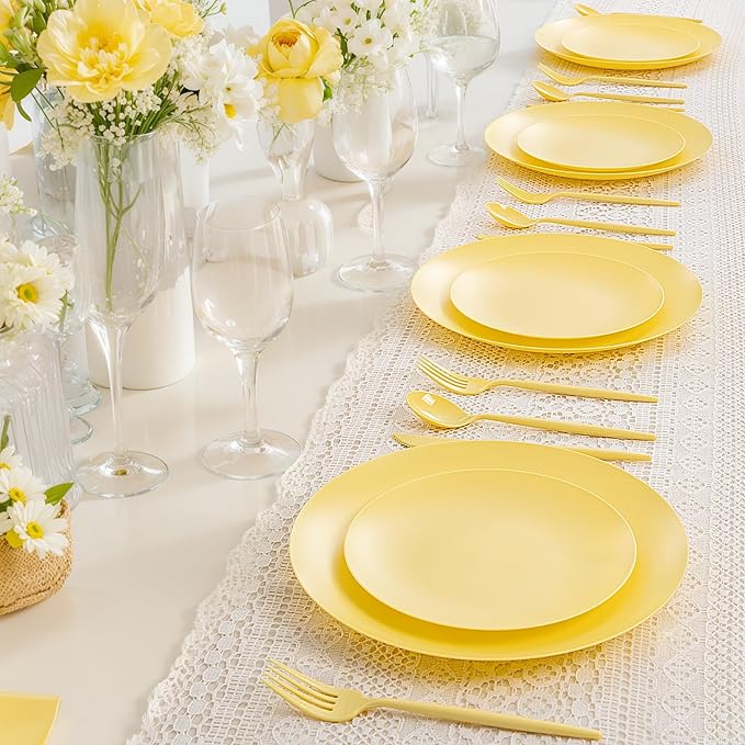 EI 150pcs Yellow Plastic Plates,Heavy Duty Bright Disposable Plate,Fancy Plastic Plates for Party,Yellow Dishes for Wedding,Easter,Afternoon Tea Party,Spring