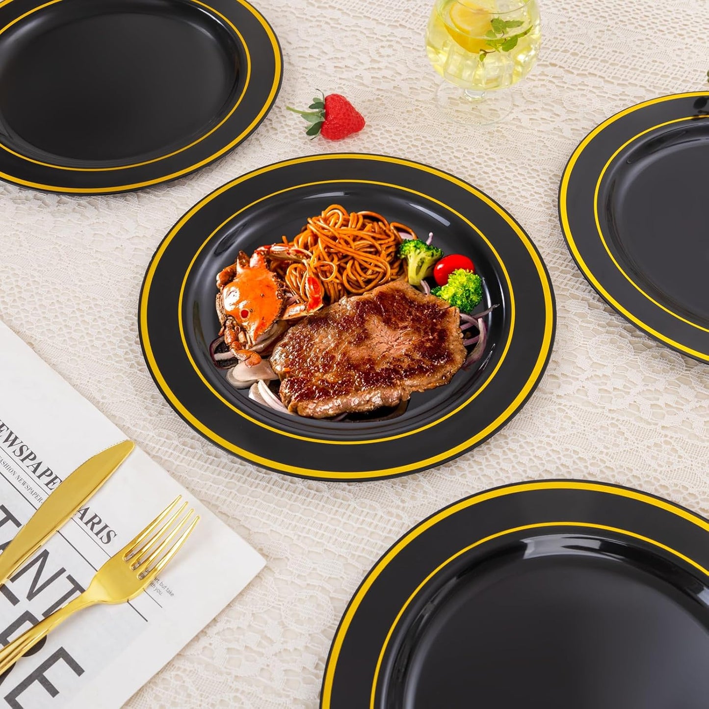 bUCLA 100 Pieces Black and Gold Plastic Dinner Plates - 10.25 inch Black Disposable Plates with Gold Rim - Ideal for Party, Graduation & New Year