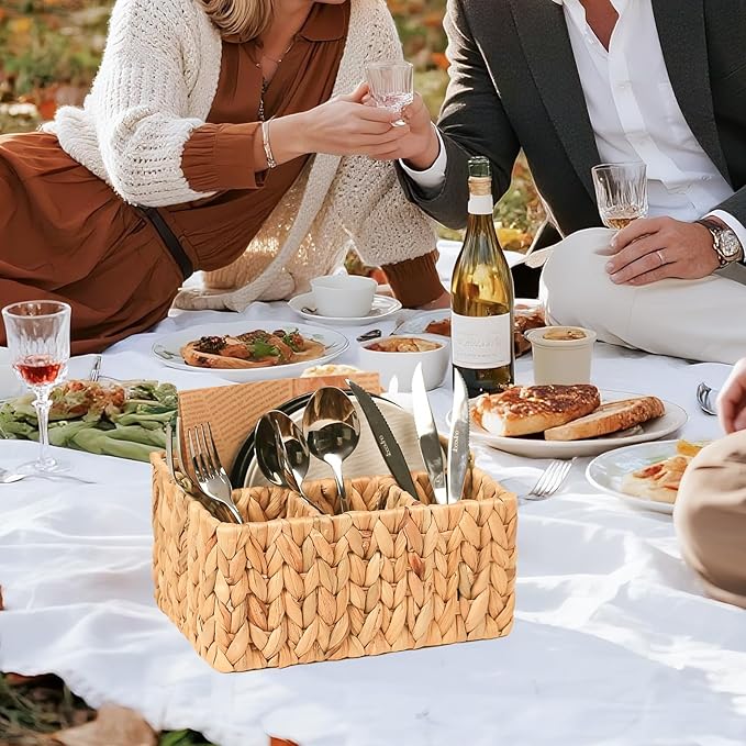 Hand-Woven Wicker Flatware Organizer - Water Hyacinth Cutlery Holder for Countertop with Handle,Utensil Holder for Table, Kitchen (Natural Water Hyacinth)