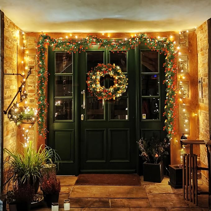 RECUTMS Faux Spring Eucalyptus Garland Artificial Hanging Vines Wedding Greenery Garland with Lights Faux Plants Indoor Flower Vine for Wall Fireplace Table Porch Door Decoration(Orange)