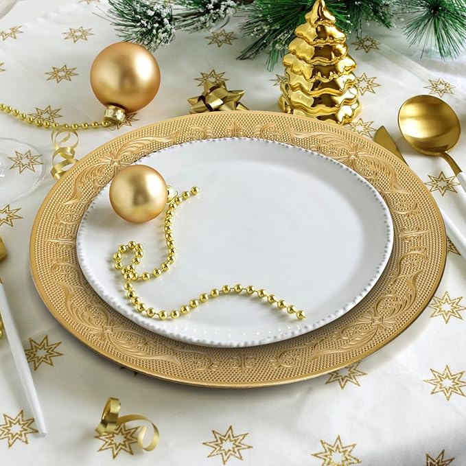 12 Pack Gold Charger Plates, 13 Inch Gold Round Chargers for Dinner Plates, Decorative Dinner Chargers, Antique Plastic Table Charger and Service Plates for Wedding Holiday Party