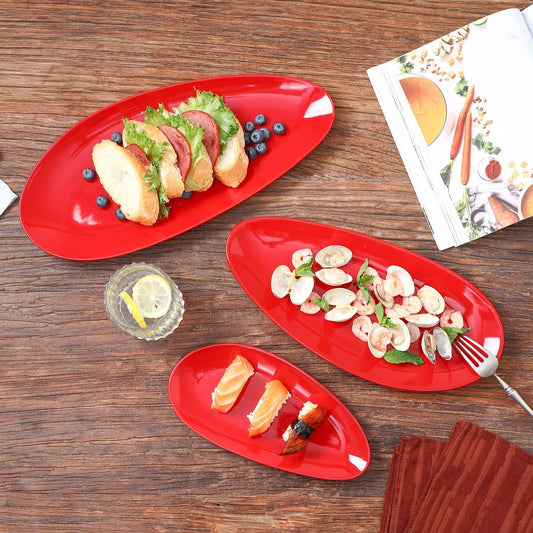 vicrays Large Oval Serving Platters, 16"/14"/10" Porcelain Serving Platters for Party, BBQ,Stackable Serving Trays Serving Plates for Appetizers, Sushi, Restaurant, Dessert, Set of 3 (Red)